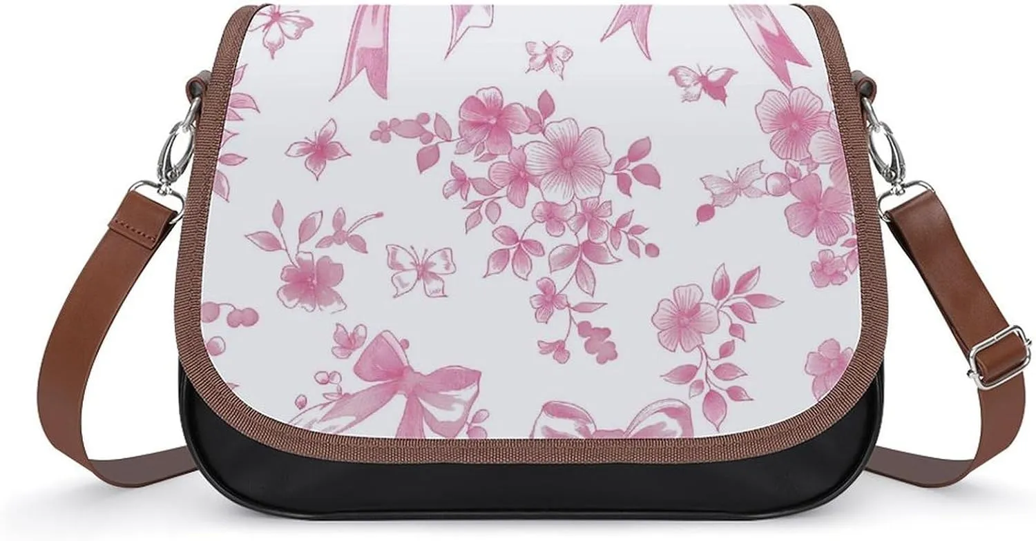 Women's Handbag Pink Patterns Bow Flowers Satchel Bag Leather Crossbody Bag Waterproof Messenger Bag