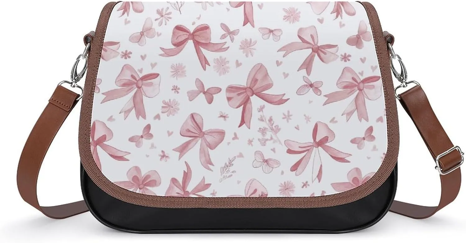 Women's Handbag Pink Patterns Bow Flowers Satchel Bag Leather Crossbody Bag Waterproof Messenger Bag